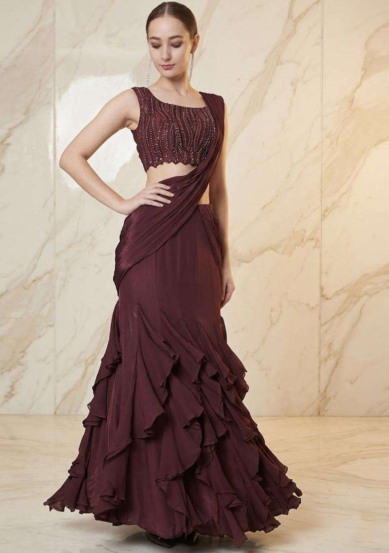 Deep Wine Embroidered Handwork Pre Draped Saree Set - Indya