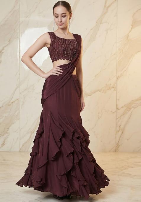 Deep Wine Embroidered Handwork Pre Draped Saree Set