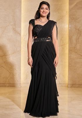 Black Embroidered Handwork Pre Draped Saree Set