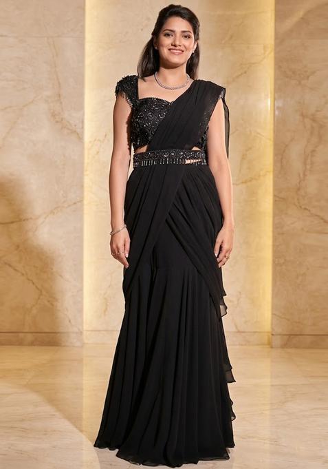 Black Embroidered Handwork Pre Draped Saree Set