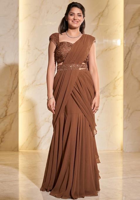 Coffee Brown Embroidered Handwork Pre Draped Saree Set