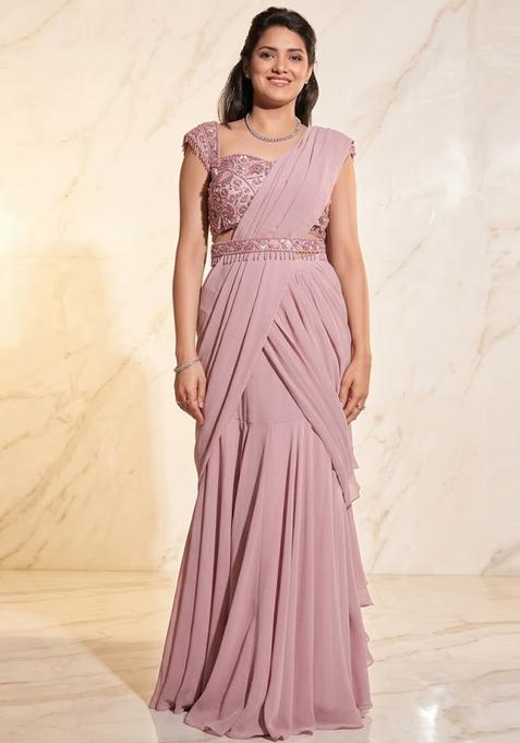 Pink Embroidered Handwork Pre Draped Saree Set