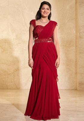 Crimson Red Embroidered Handwork Pre Draped Saree Set