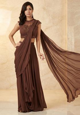 Brown Embroidered Handwork Pre Draped Saree Set