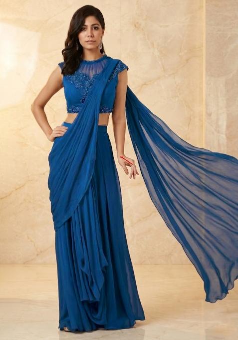 Royal Blue Embroidered Handwork Pre Draped Saree Set