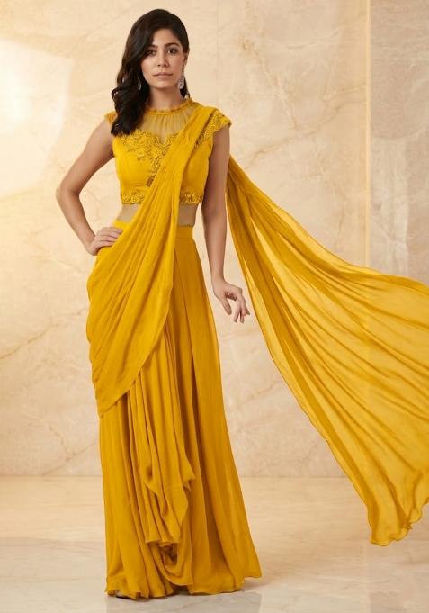 Mustard Embroidered Handwork Pre Draped Saree Set