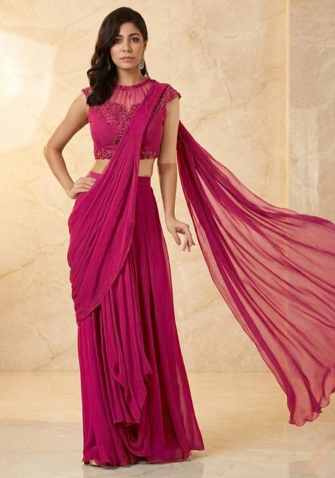Hot Pink Embroidered Handwork Pre Draped Saree Set
