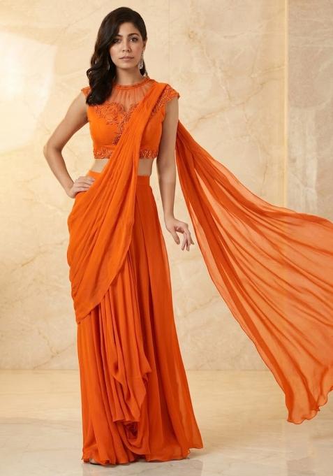 Orange Embroidered Handwork Pre Draped Saree Set