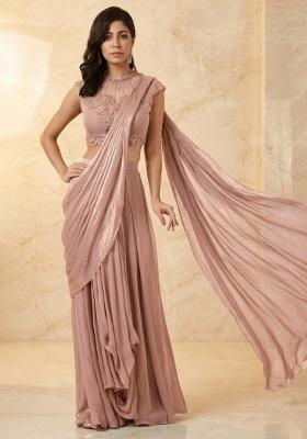Duaty Pink Embroidered Handwork Pre Draped Saree Set