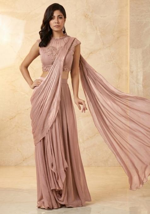 Duaty Pink Embroidered Handwork Pre Draped Saree Set