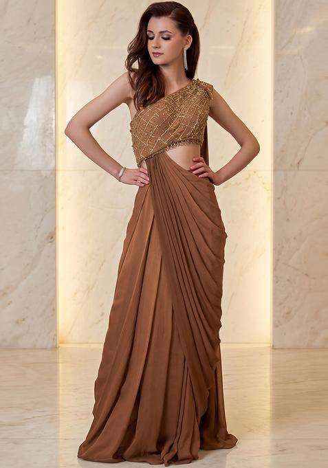 Brown Embroidered Handwork Pre Draped Saree Set