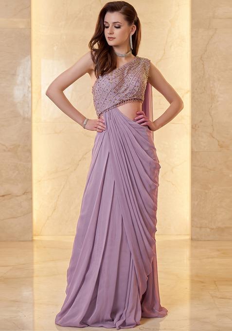 Mauve Embroidered Handwork Pre Draped Saree Set