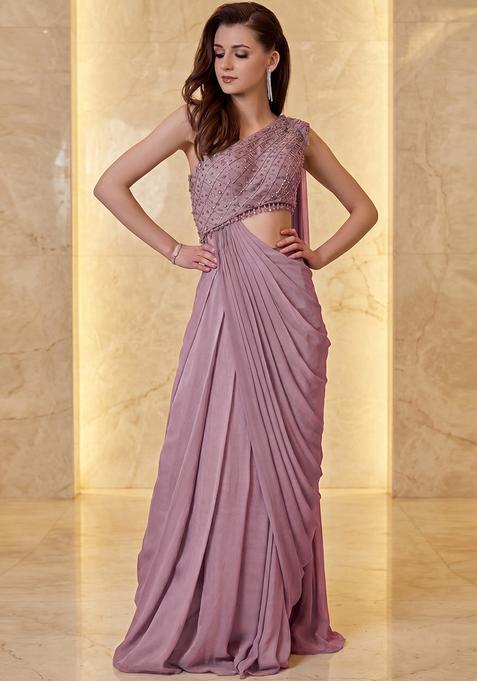 Dusty Pink Embroidered Handwork Pre Draped Saree Set