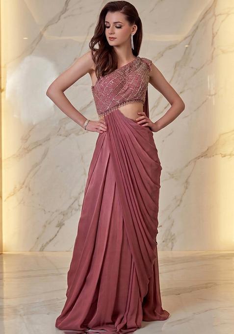 Mauve Embroidered Handwork Pre Draped Saree Set