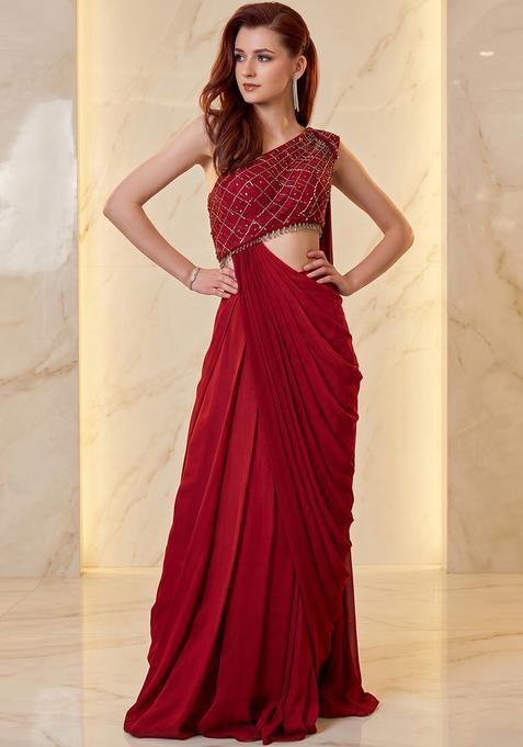 Crimson Red Embroidered Handwork Pre Draped Saree Set