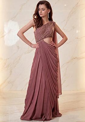 Mauve Embroidered Handwork Pre Draped Saree Set