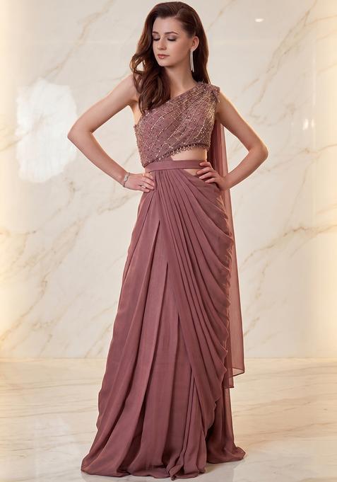 Mauve Embroidered Handwork Pre Draped Saree Set