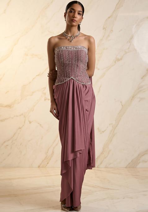 Mauve Embroidered Handwork Fusion Set