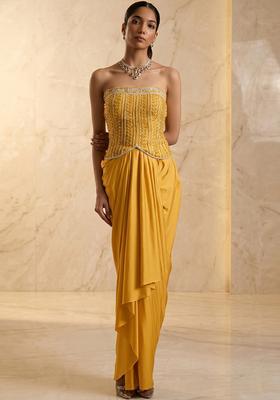 Mustard Embroidered Handwork Fusion Set