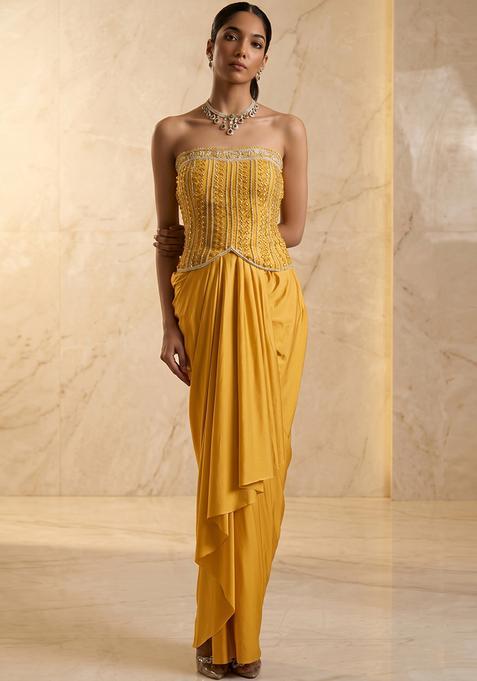 Mustard Embroidered Handwork Fusion Set