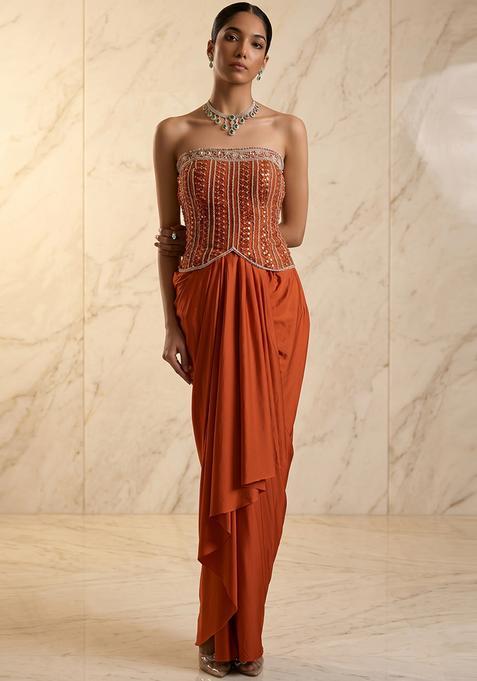 Orange Embroidered Handwork Fusion Set