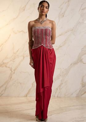 Red Embroidered Handwork Fusion Set