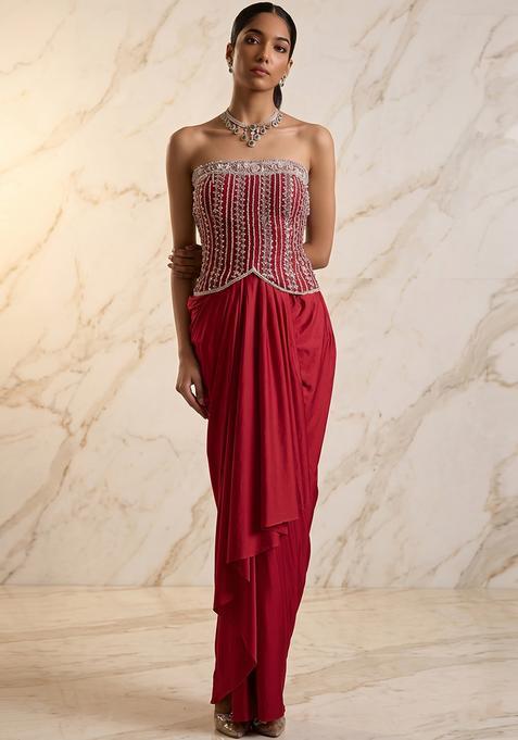 Red Embroidered Handwork Fusion Set