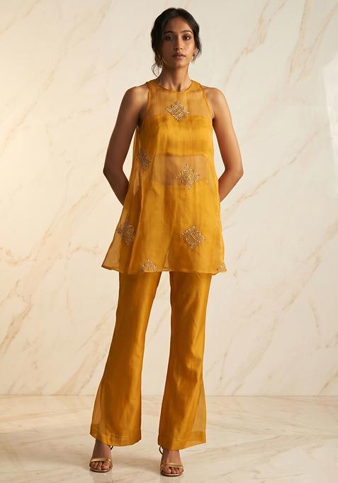 Mustard Embroidered Handwork Fusion Set