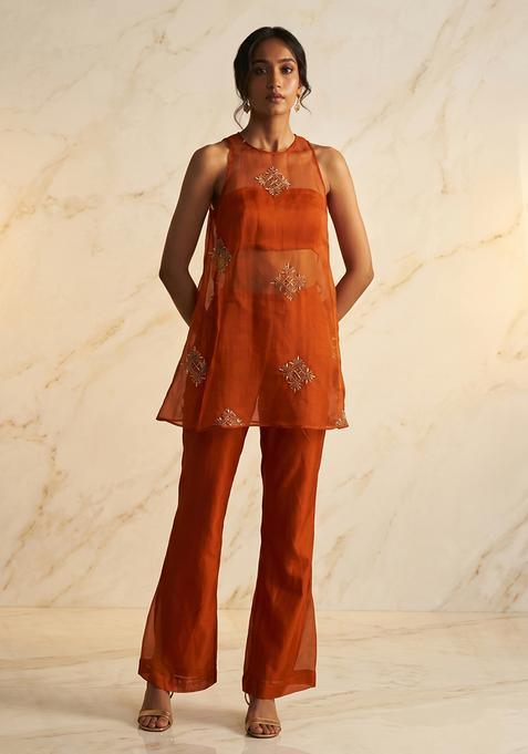Orange Embroidered Handwork Fusion Set