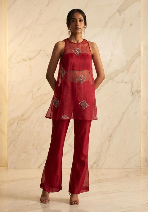 Red Embroidered Handwork Fusion Set