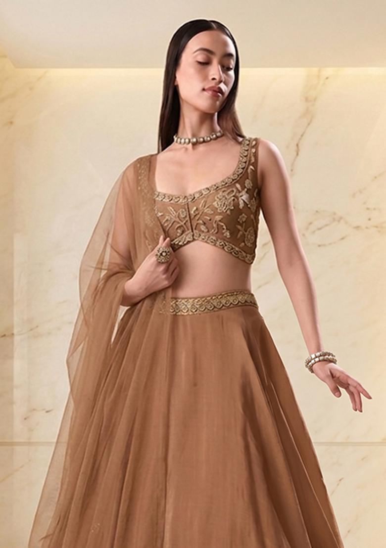 Camel Brown Embroidered Handwork Lehenga Set - Indya