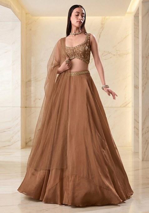 Camel Brown Embroidered Handwork Lehenga Set