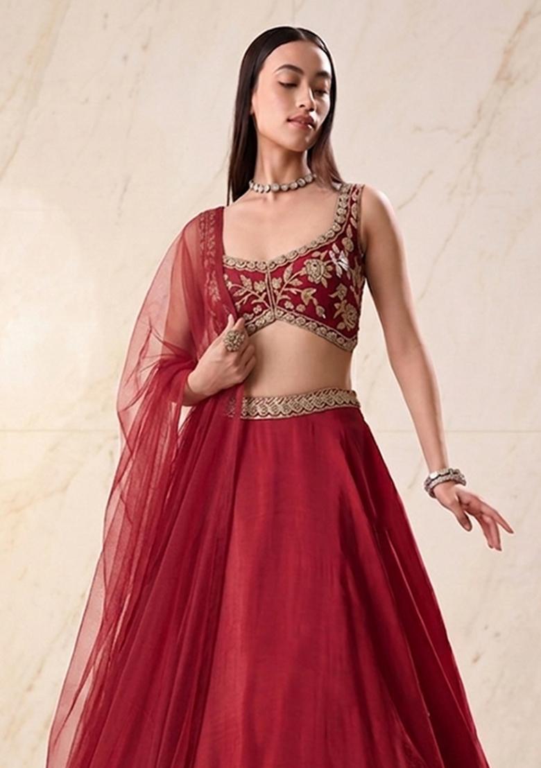 Cherry Red Embroidered Handwork Lehenga Set - Indya