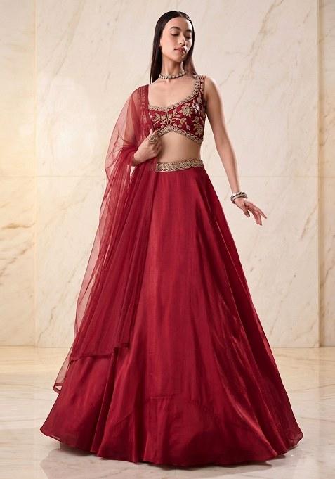 Cherry Red Embroidered Handwork Lehenga Set