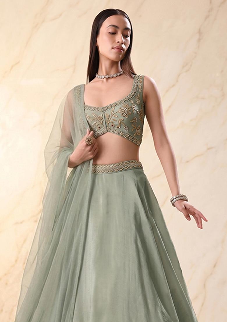 Grey Embroidered Handwork Lehenga Set - Indya