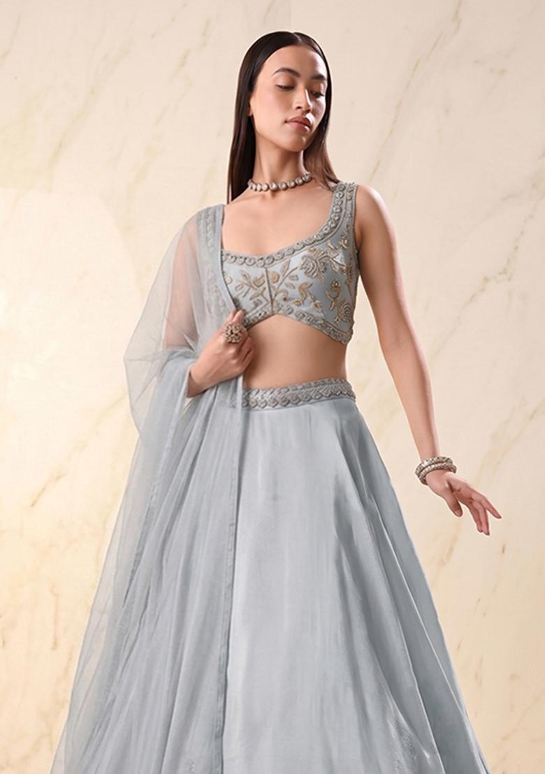 Powder Blue Embroidered Handwork Lehenga Set - Indya