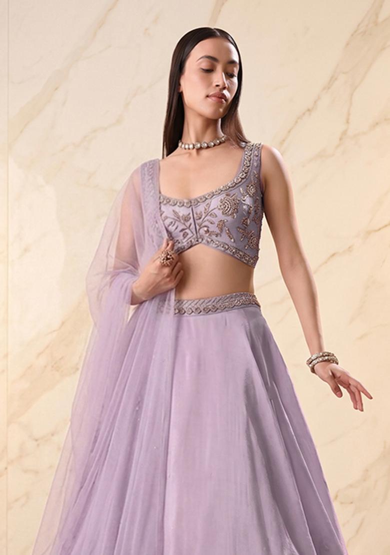 Lavender Embroidered Handwork Lehenga Set - Indya