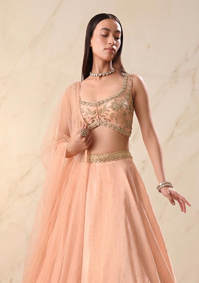 Peach Embroidered Handwork Lehenga Set - Indya