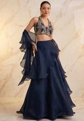 Dark Blue Embroidered Handwork Lehenga Set
