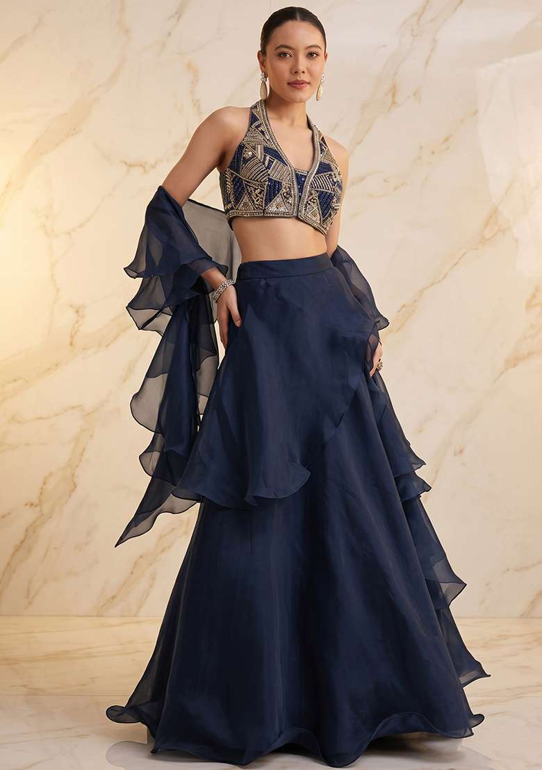 Dark Blue Embroidered Handwork Lehenga Set - Indya