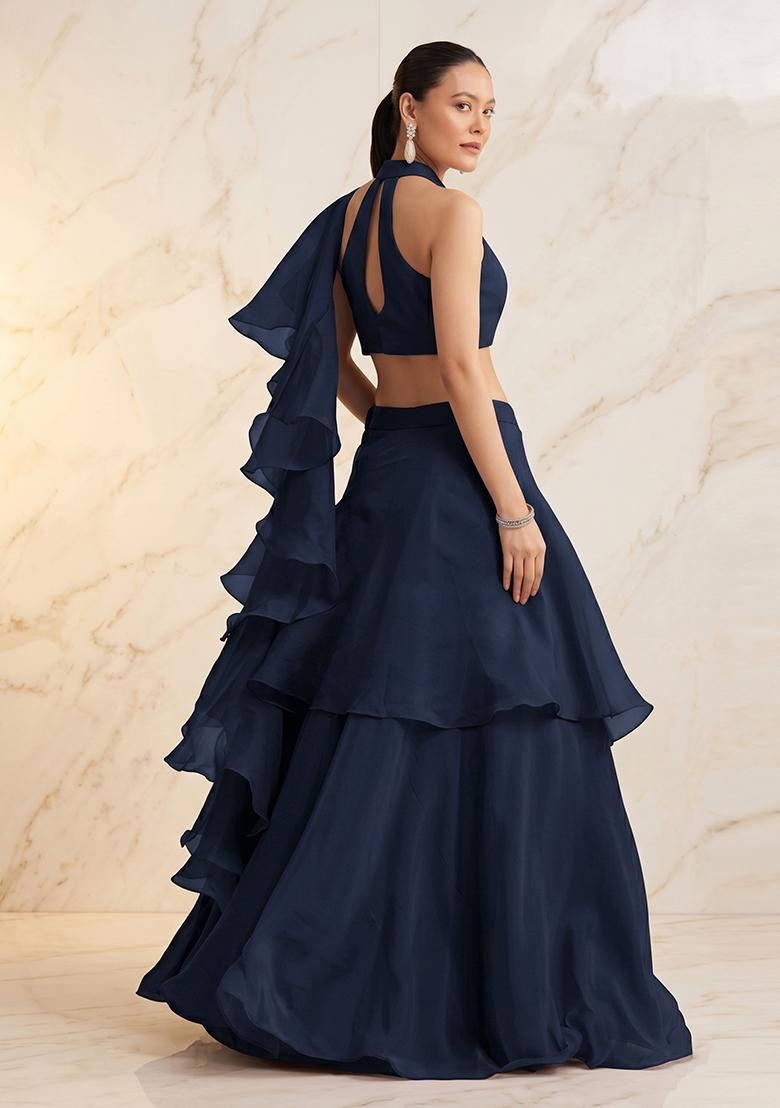 Dark Blue Embroidered Handwork Lehenga Set - Indya