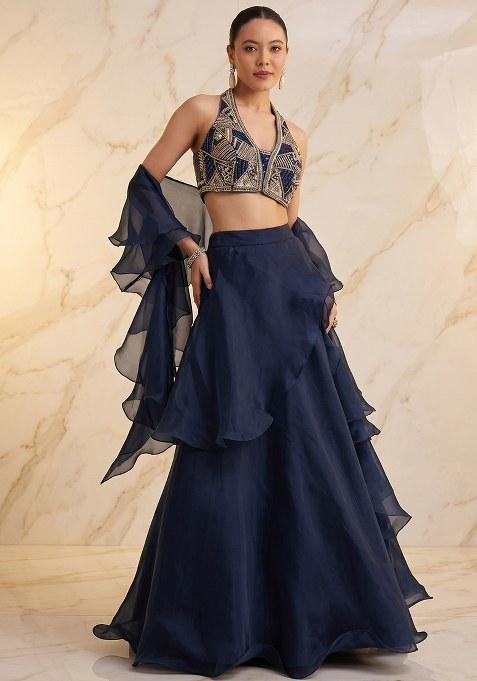 Dark Blue Embroidered Handwork Lehenga Set