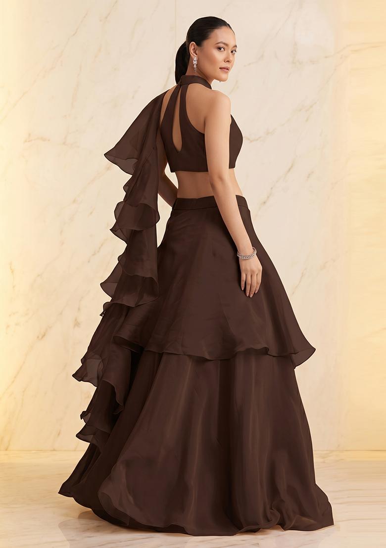 Deep Brown Embroidered Handwork Lehenga Set - Indya