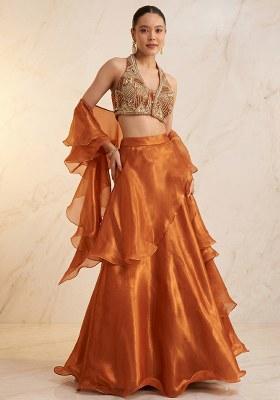 Burnt Orange Embroidered Handwork Lehenga Set