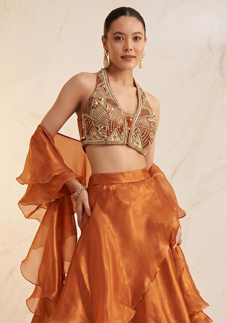 Burnt Orange Embroidered Handwork Lehenga Set - Indya