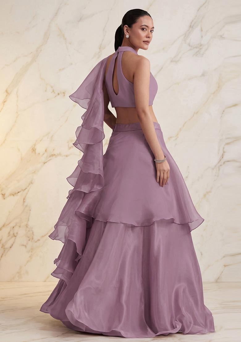 Mauve Embroidered Handwork Lehenga Set - Indya