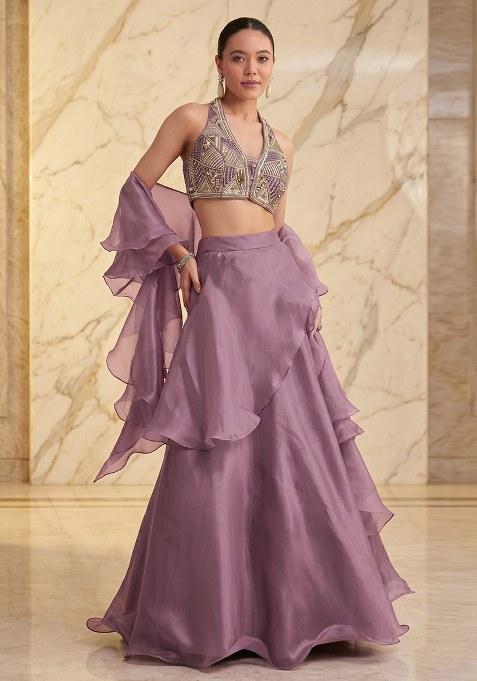 Mauve Embroidered Handwork Lehenga Set