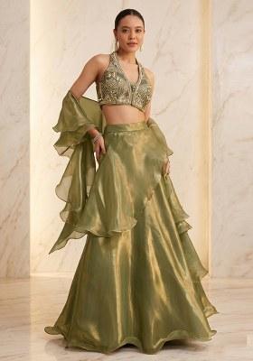 Olive Green Embroidered Handwork Lehenga Set