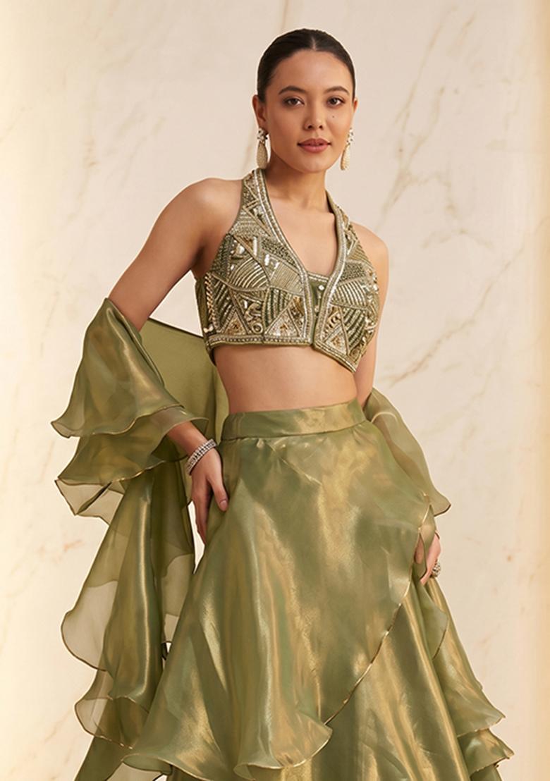 Olive Green Embroidered Handwork Lehenga Set - Indya