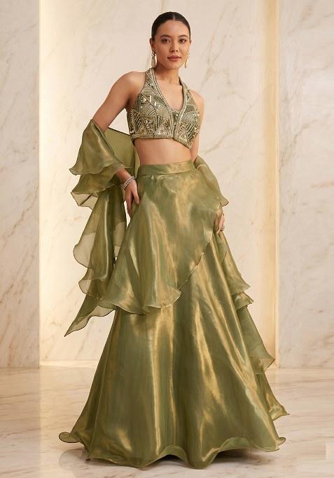 Olive Green Embroidered Handwork Lehenga Set